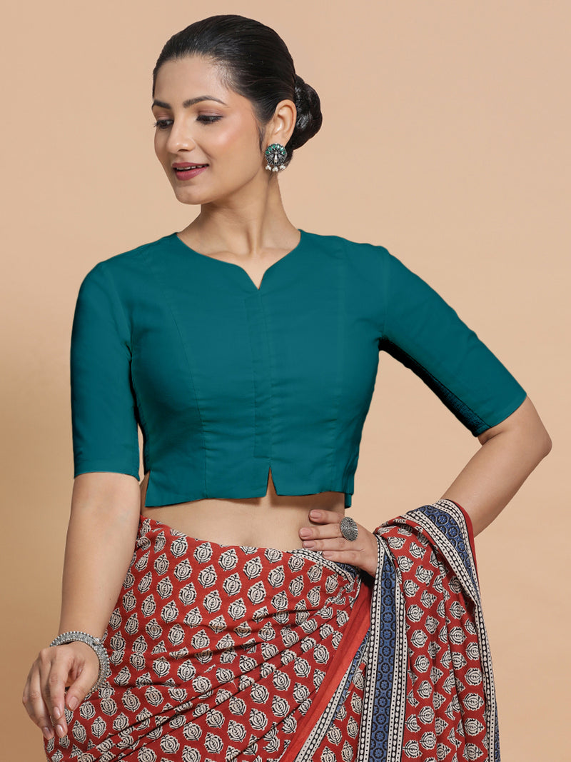 Seema x Rozaana | Elbow Sleeves Saree Blouse in Teal Blue Linen-Binks