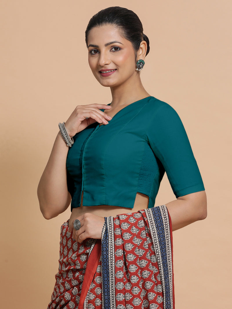 Seema x Rozaana | Elbow Sleeves Saree Blouse in Teal Blue Linen-Binks