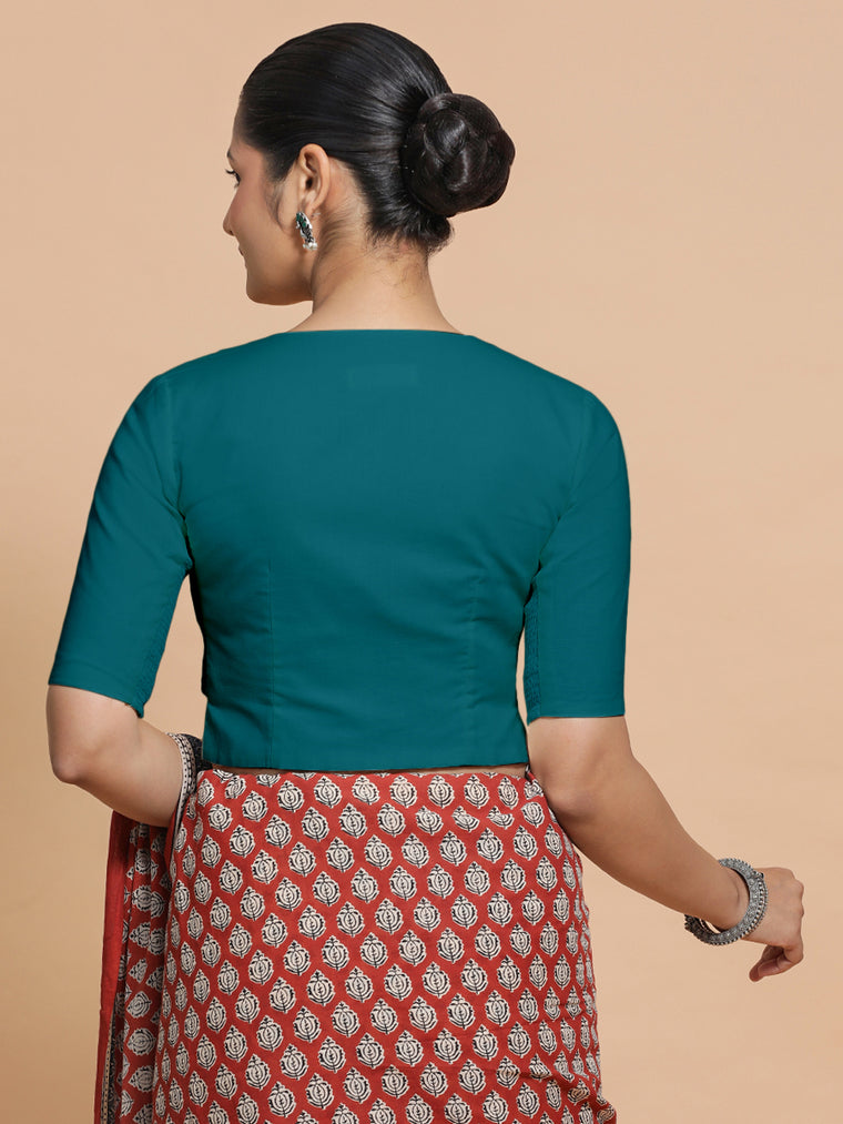 Seema x Rozaana Saree Blouse, in Blue Linen, featuring elbow sleeves and round neckline, made for daily & work (view 2).