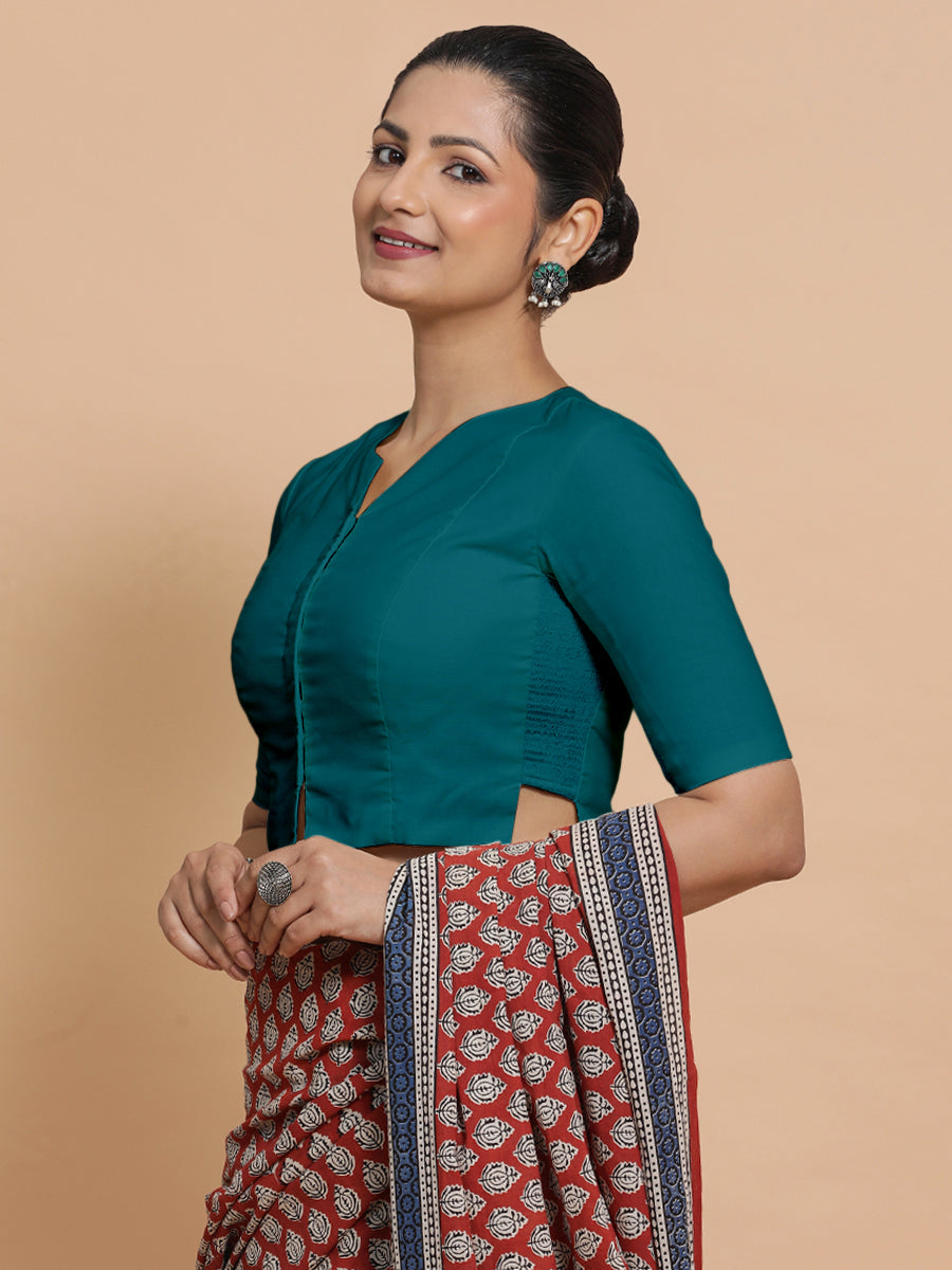 Seema x Rozaana Saree Blouse, in Blue Linen, featuring elbow sleeves and round neckline, made for daily & work (view 5).