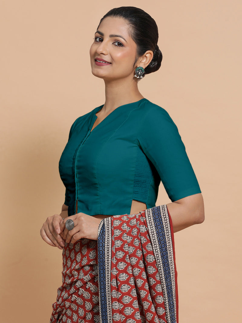 Seema x Rozaana | Elbow Sleeves Saree Blouse in Teal Blue Linen-Binks