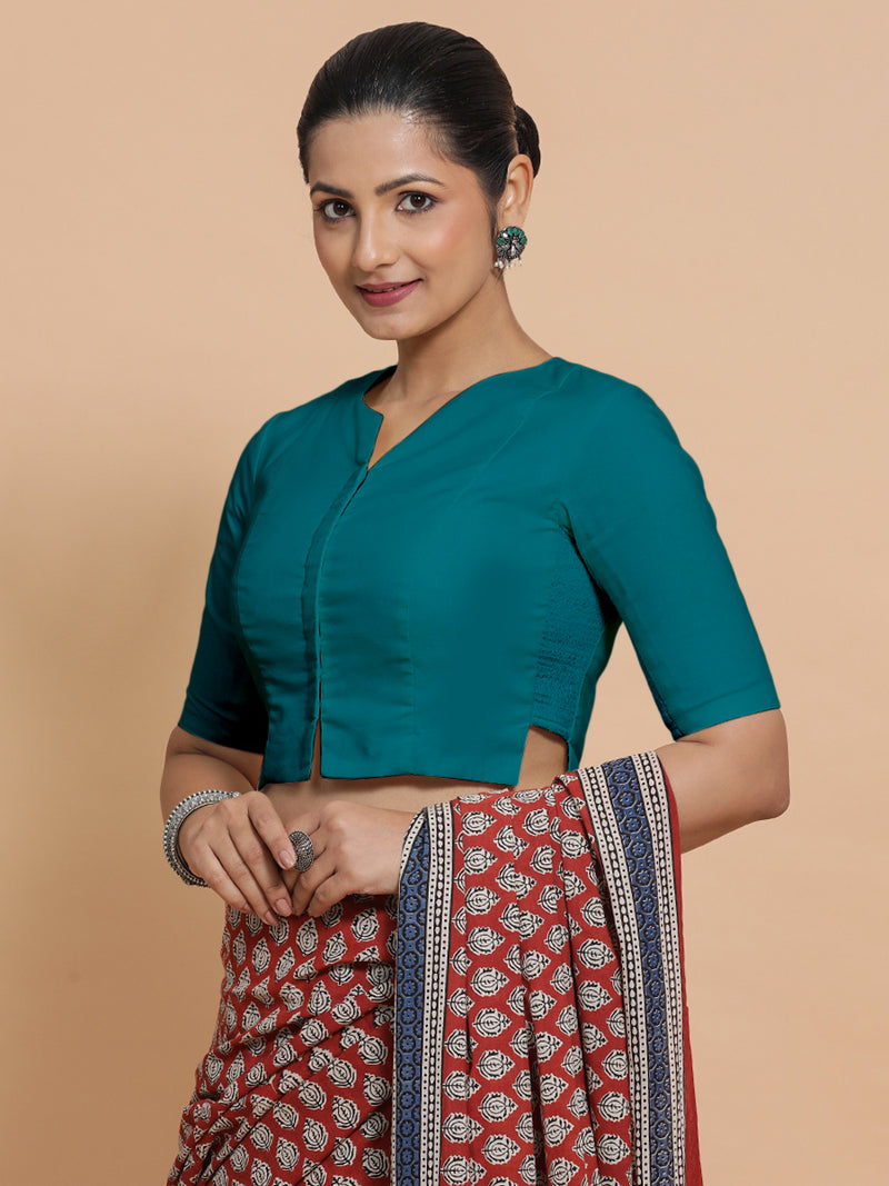 Seema x Rozaana | Elbow Sleeves Saree Blouse in Teal Blue Linen-Binks