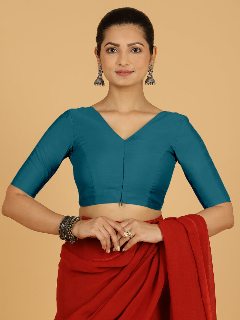Shabana x Rozaana | Elbow Sleeves Saree Blouse in Crystal Teal-Binks