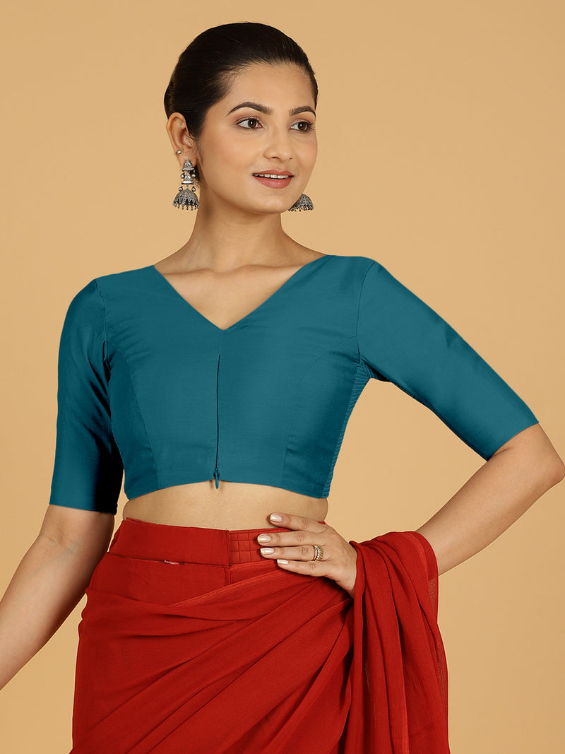 Shabana x Rozaana | Elbow Sleeves Saree Blouse in Crystal Teal-Binks
