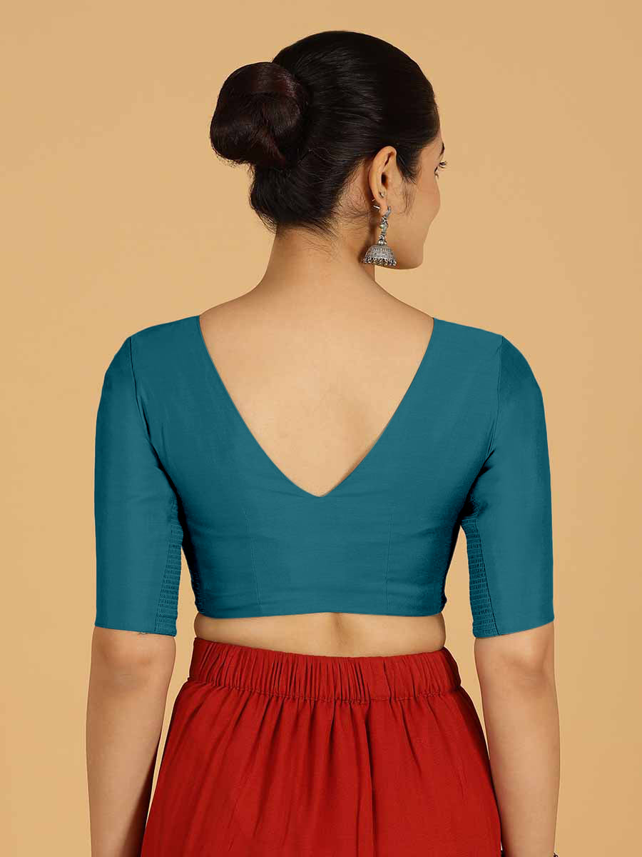 Shabana x Rozaana Saree Blouse, in Blue Viscose, featuring elbow sleeves and curved v-neckline, made for daily & work (view 2).
