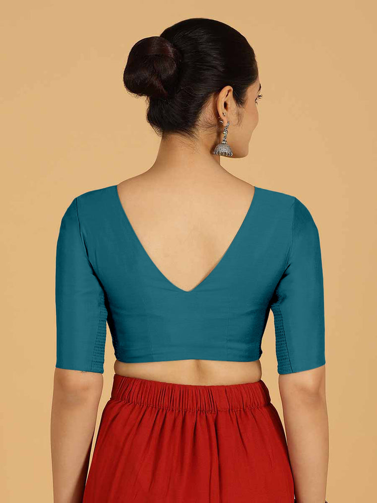 Shabana x Rozaana Saree Blouse, in Blue Viscose, featuring elbow sleeves and curved v-neckline, made for daily & work (view 2).