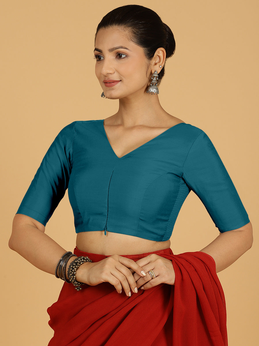 Shabana x Rozaana Saree Blouse, in Blue Viscose, featuring elbow sleeves and curved v-neckline, made for daily & work (view 7).