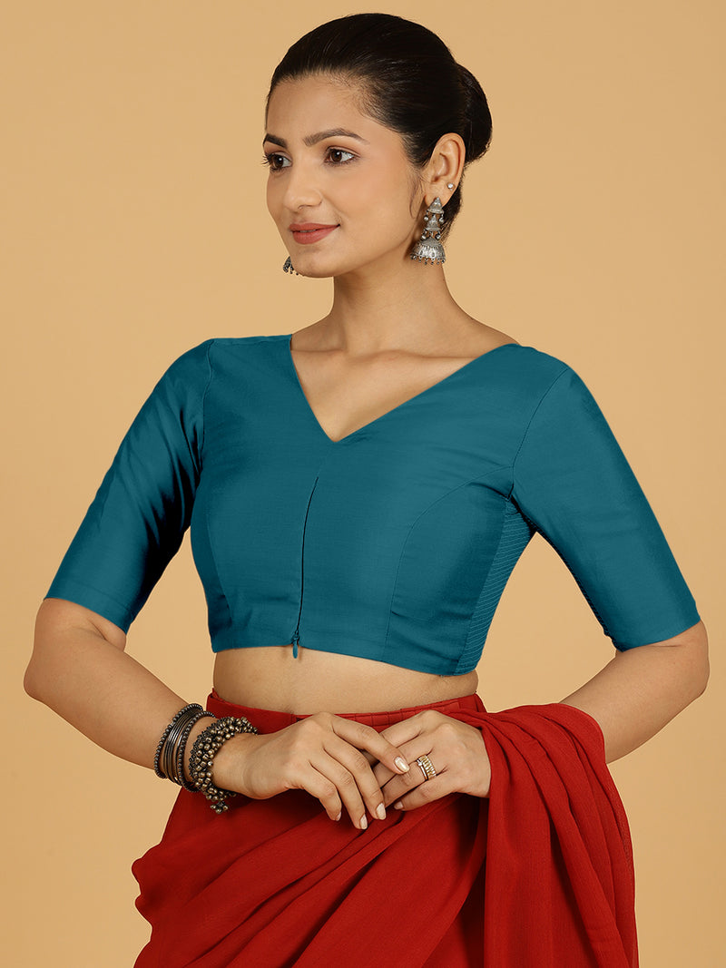 Shabana x Rozaana | Elbow Sleeves Saree Blouse in Crystal Teal-Binks