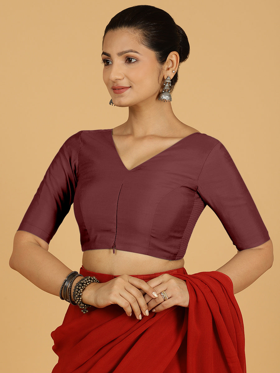 Shabana x Rozaana Saree Blouse, in Maroon Viscose, featuring elbow sleeves and curved v-neckline, made for daily & work.