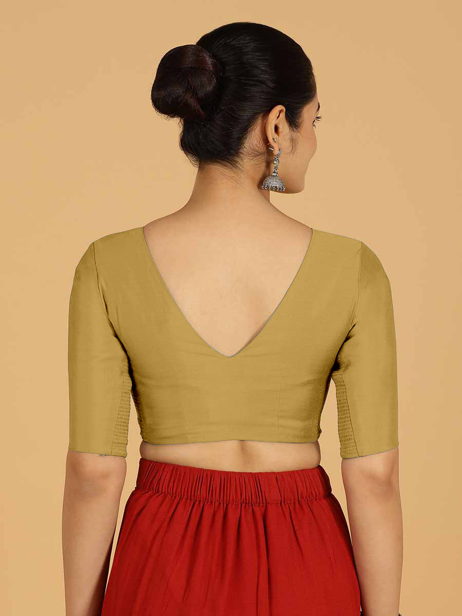 Shabana x Rozaana Saree Blouse, in Yellow Viscose, featuring elbow sleeves and curved v-neckline, made for daily & work.