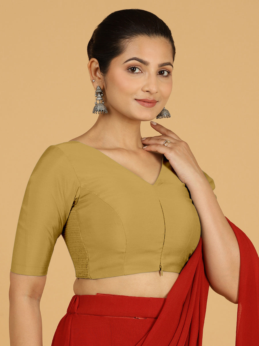 Shabana x Rozaana Saree Blouse, in Yellow Viscose, featuring elbow sleeves and curved v-neckline, made for daily & work.