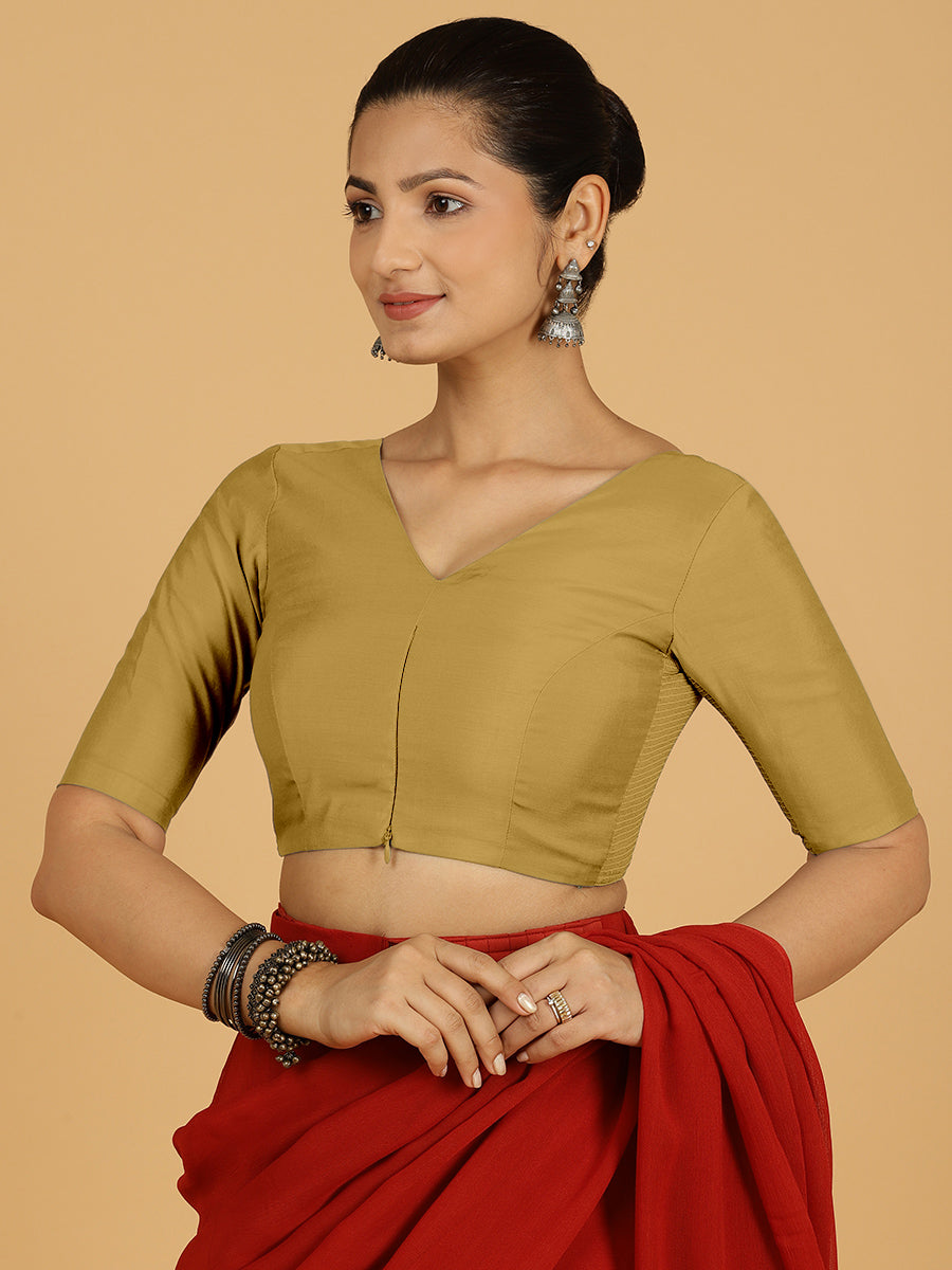 Shabana x Rozaana Saree Blouse, in Yellow Viscose, featuring elbow sleeves and curved v-neckline, made for daily & work.