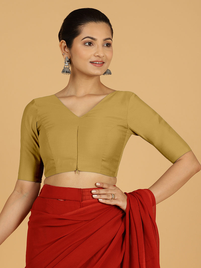 Shabana x Rozaana | Elbow Sleeves Saree Blouse in Dijon Mustard-Binks