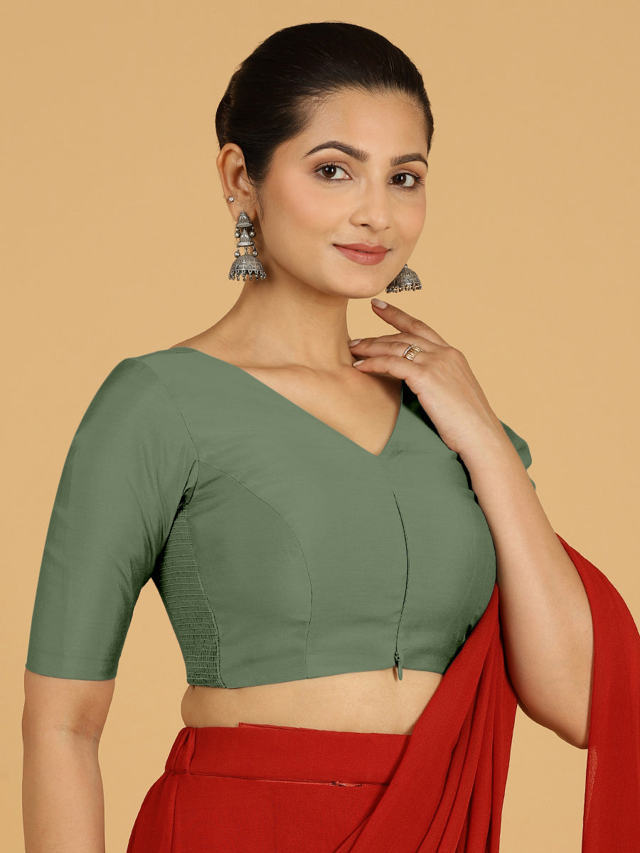 Shabana x Rozaana Saree Blouse, in Green Viscose, featuring elbow sleeves and curved v-neckline, made for daily & work (view 5).