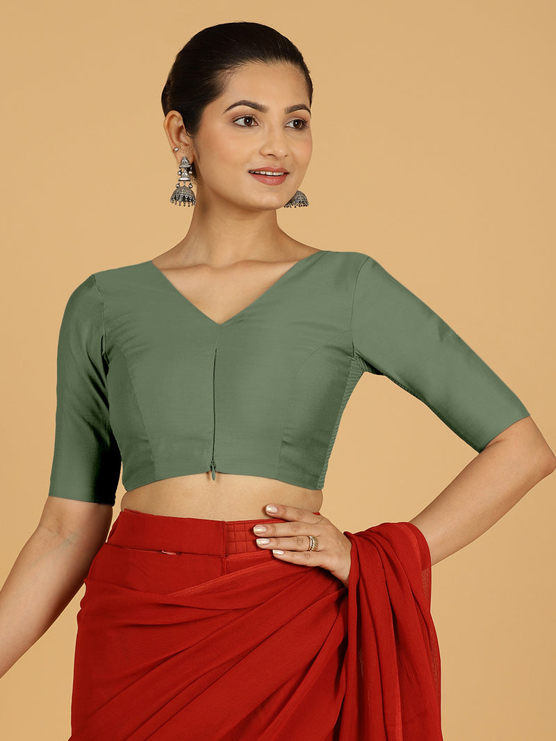 Shabana x Rozaana | Elbow Sleeves Saree Blouse in Hunter Green-Binks
