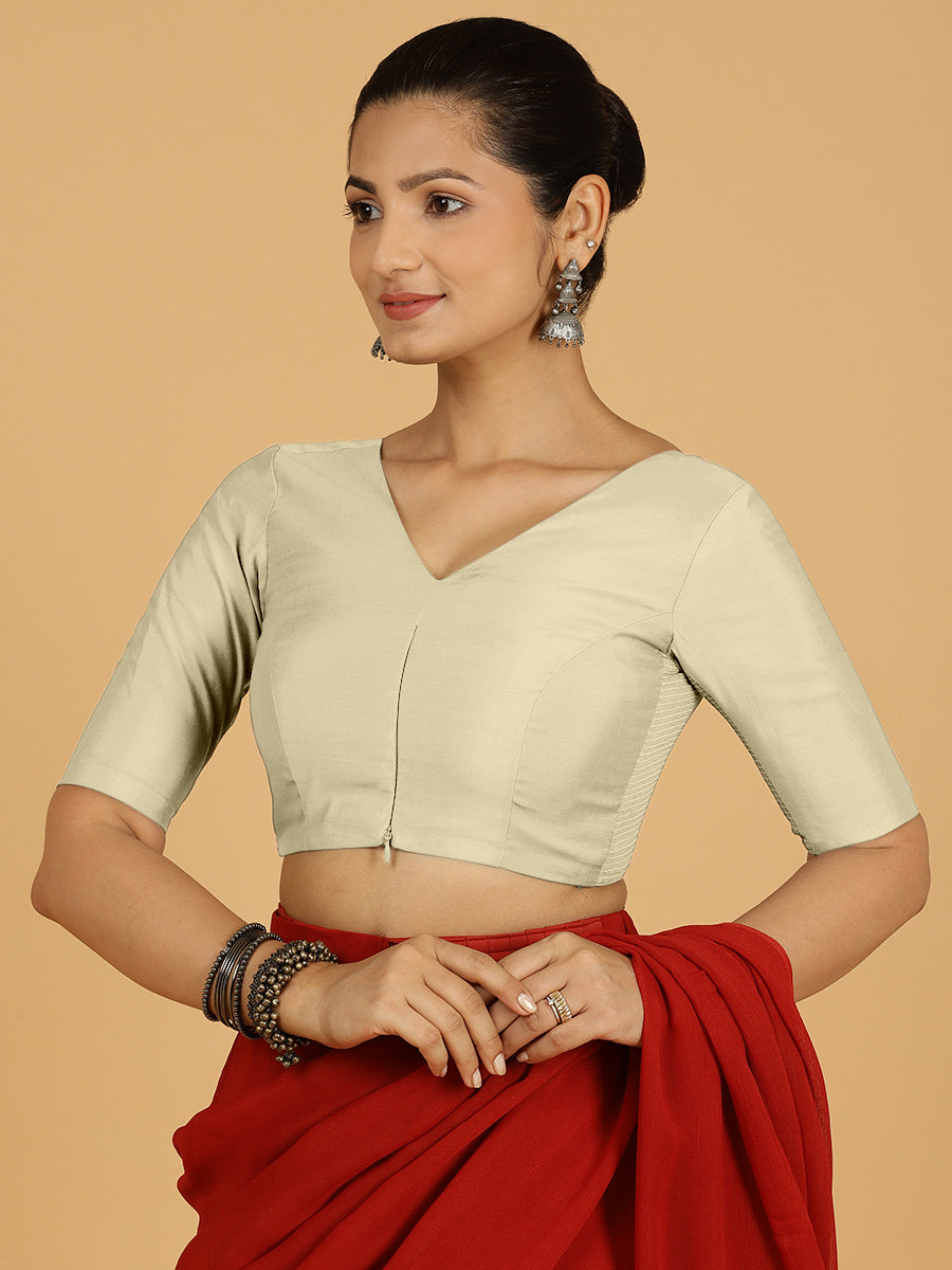 Shabana x Rozaana Saree Blouse, in Cream Viscose, featuring elbow sleeves and curved v-neckline, made for daily & work (view 7).