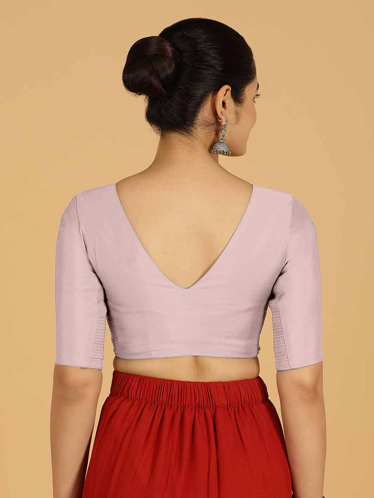Shabana x Rozaana Saree Blouse, in Purple Viscose, featuring elbow sleeves and curved v-neckline, made for daily & work.
