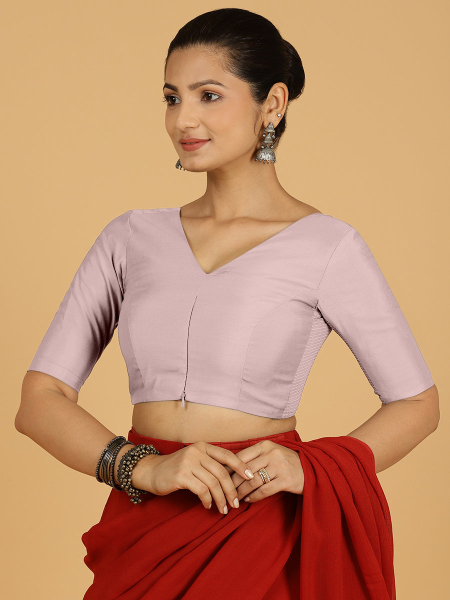 Shabana x Rozaana Saree Blouse, in Purple Viscose, featuring elbow sleeves and curved v-neckline, made for daily & work.