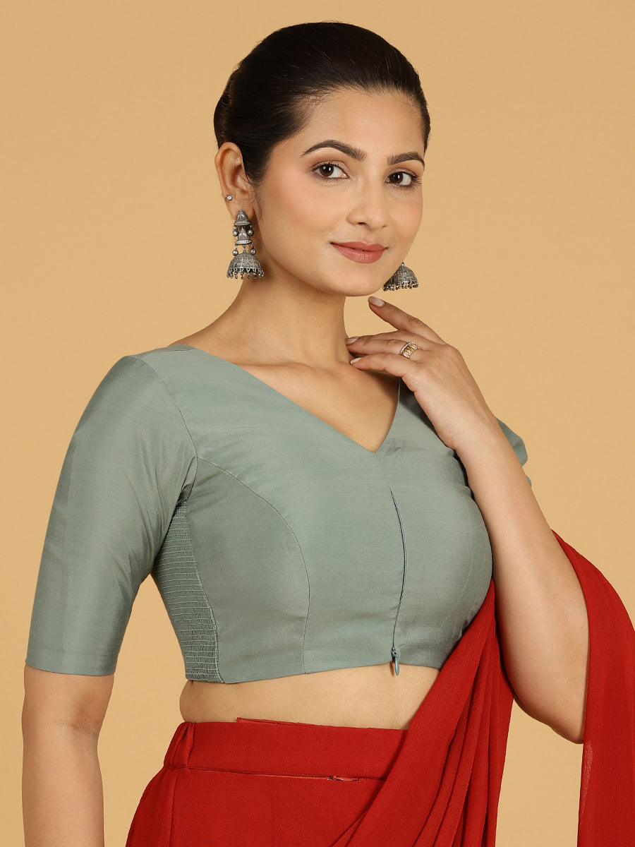 Shabana x Rozaana Saree Blouse, in Green Viscose, featuring elbow sleeves and curved v-neckline, made for daily & work (view 5).