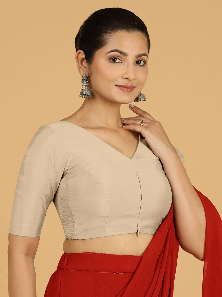 Shabana x Rozaana Saree Blouse, in Grey Viscose, featuring elbow sleeves and curved v-neckline, made for daily & work.