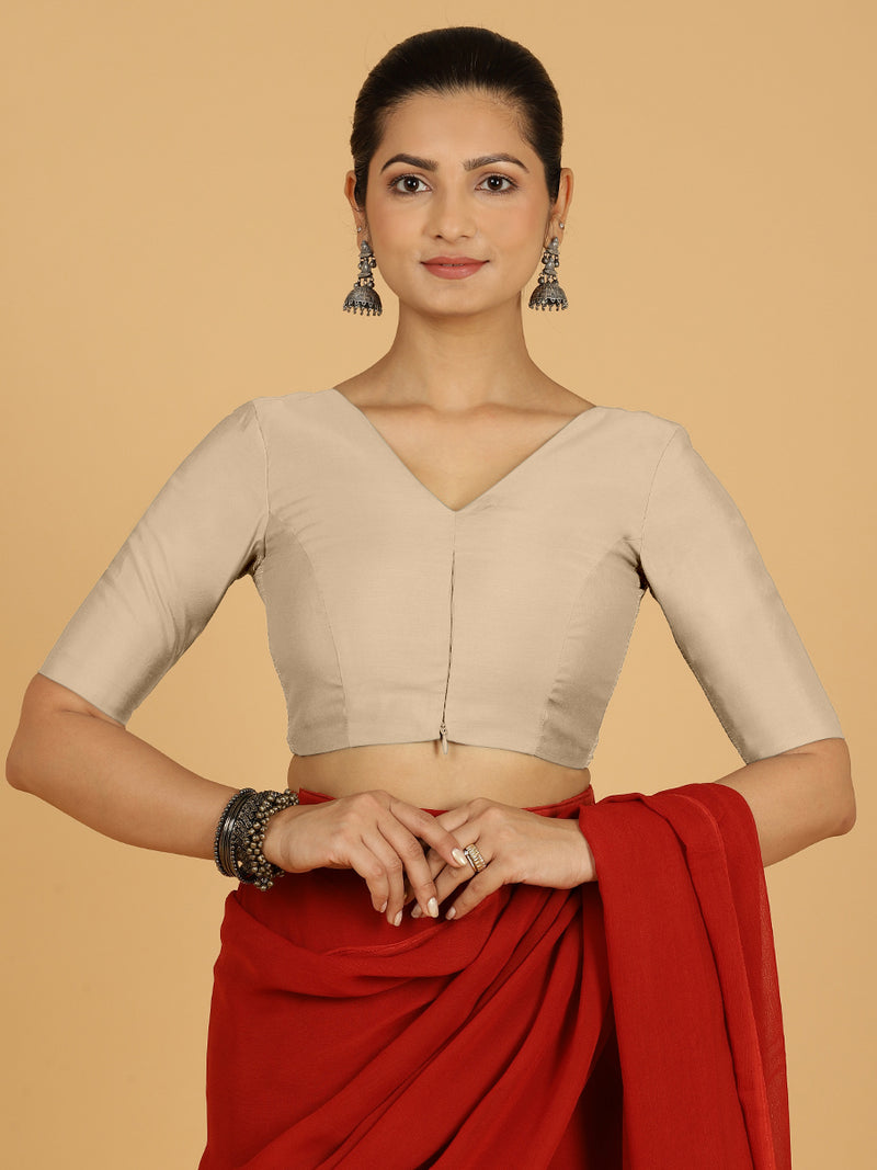 Shabana x Rozaana | Elbow Sleeves Saree Blouse in Oyster Grey-Binks