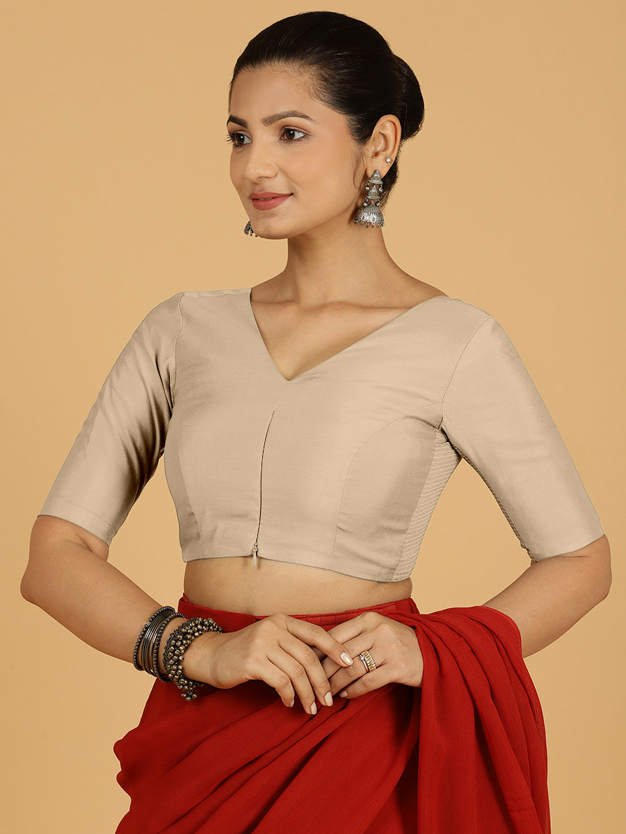 Shabana x Rozaana Saree Blouse, in Grey Viscose, featuring elbow sleeves and curved v-neckline, made for daily & work (view 6).
