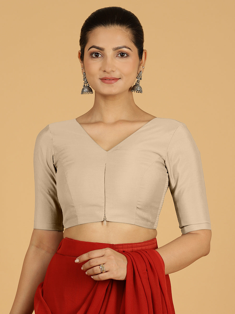 Shabana x Rozaana Saree Blouse, in Grey Viscose, featuring elbow sleeves and curved v-neckline, made for daily & work (view 8).
