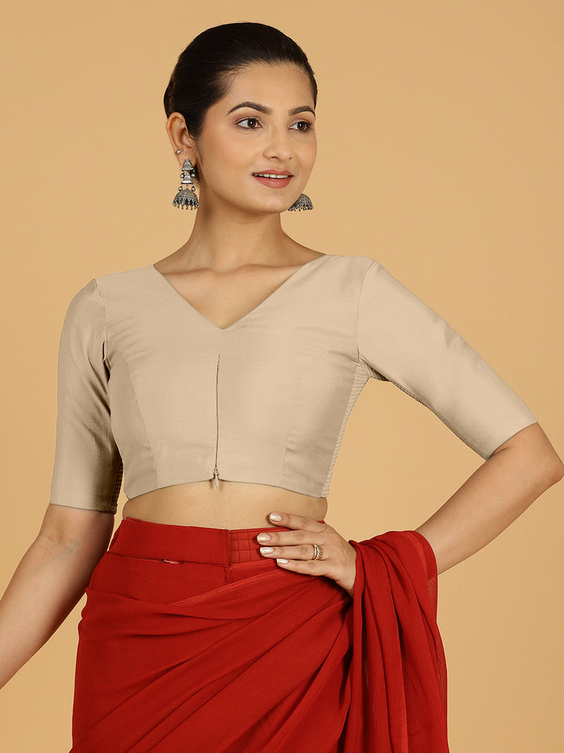 Shabana x Rozaana | Elbow Sleeves Saree Blouse in Oyster Grey-Binks
