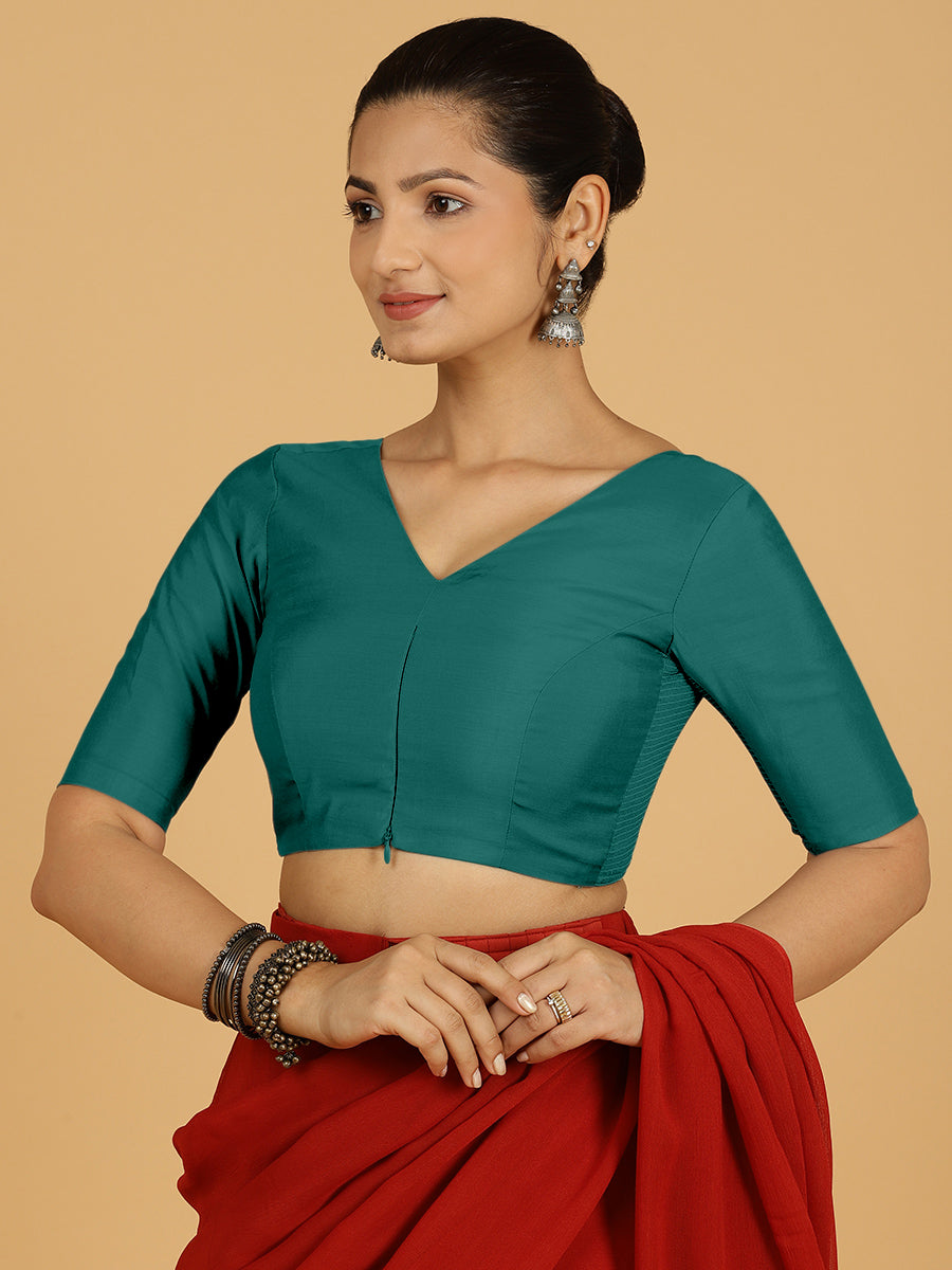 Shabana x Rozaana | Elbow Sleeves Saree Blouse in Peacock Green