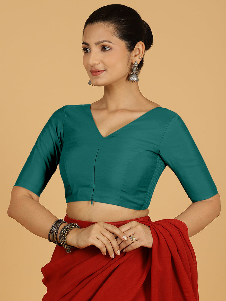 Shabana x Rozaana Saree Blouse, in Green Viscose, featuring elbow sleeves and curved v-neckline, made for daily & work.