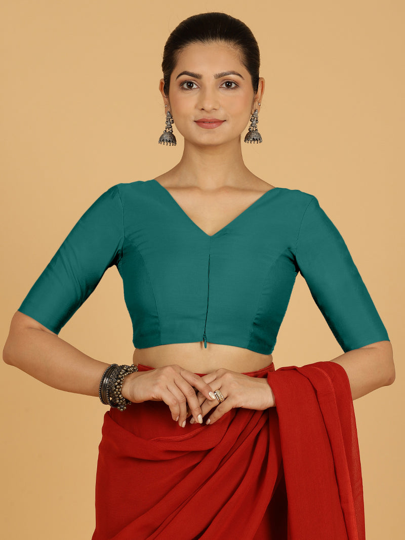 Shabana x Rozaana | Elbow Sleeves Saree Blouse in Peacock Green-Binks