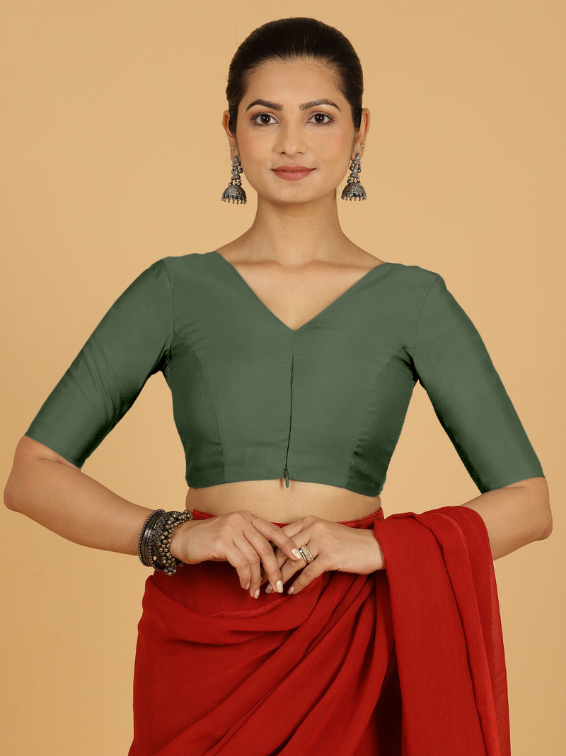 Shabana x Rozaana | Elbow Sleeves Saree Blouse in Pine Green-Binks