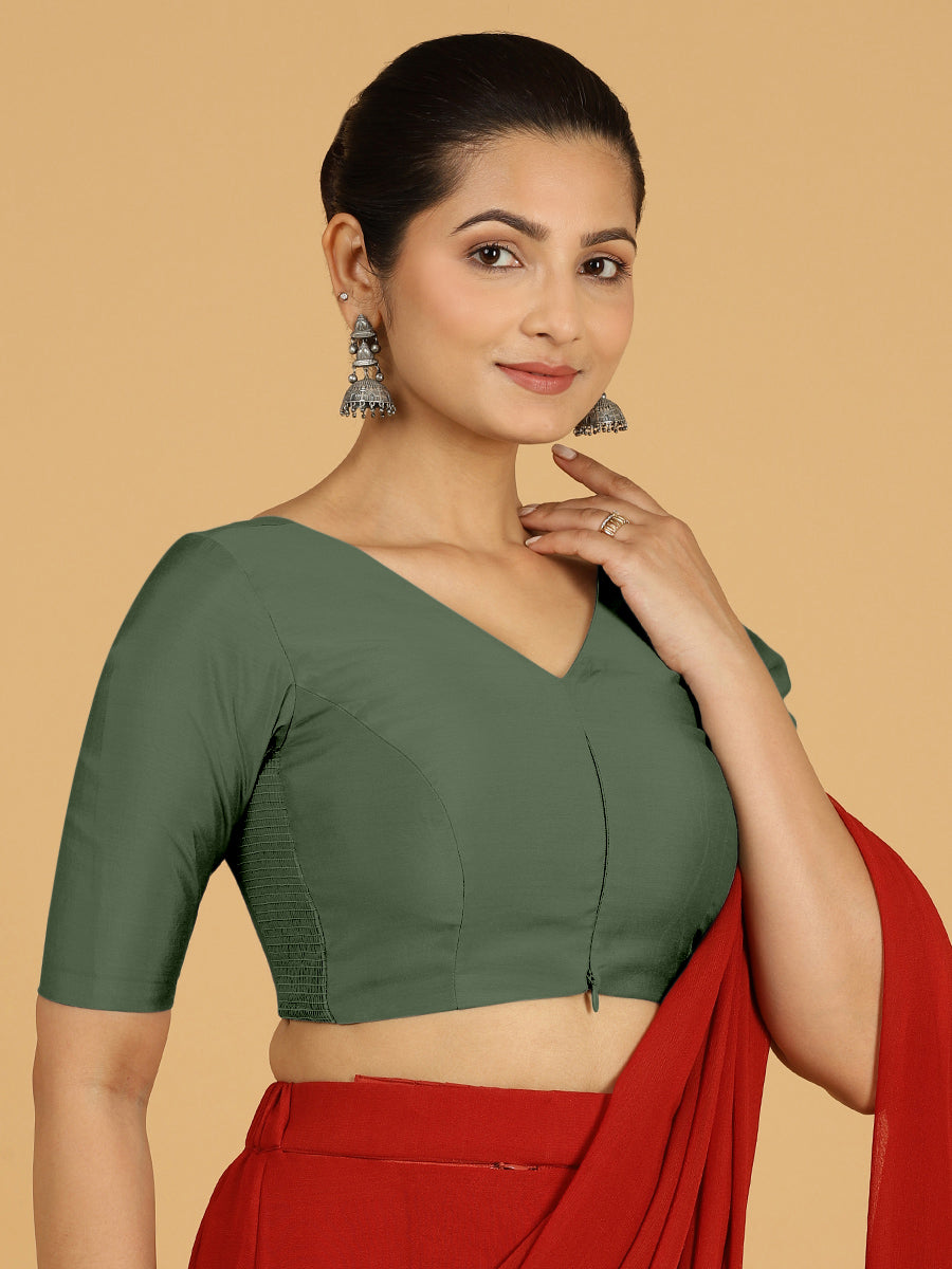Shabana x Rozaana Saree Blouse, in Green Viscose, featuring elbow sleeves and curved v-neckline, made for daily & work (view 5).