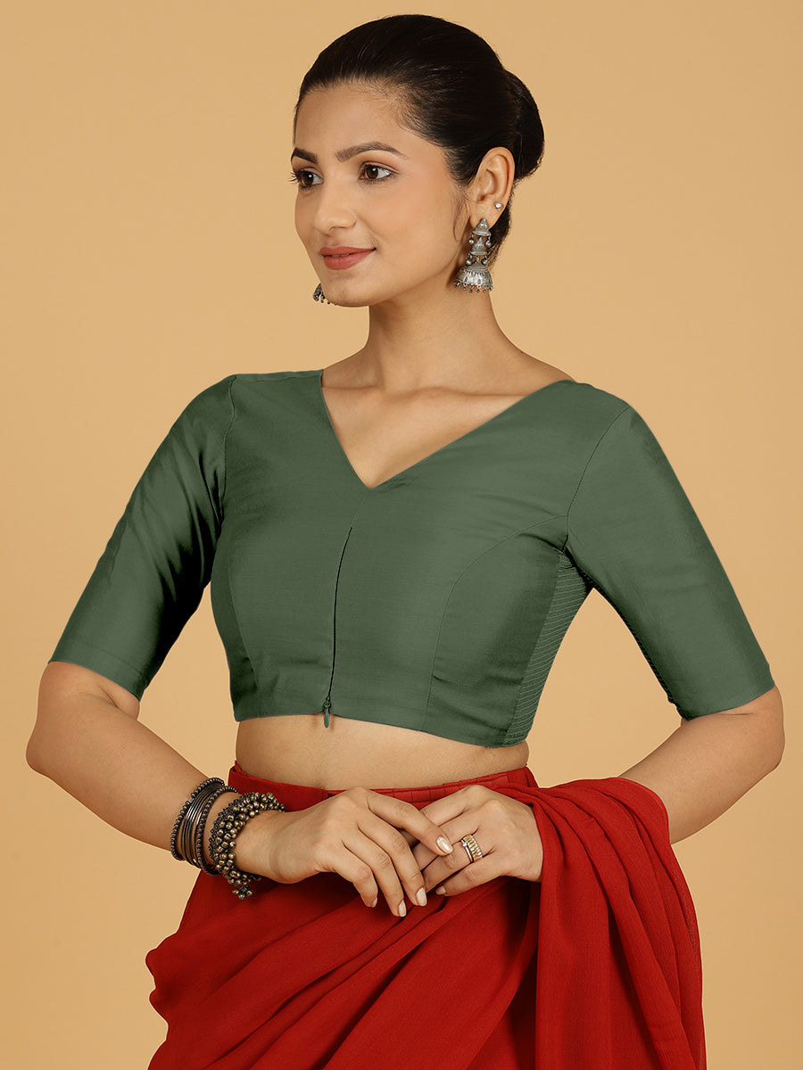 Shabana x Rozaana Saree Blouse, in Green Viscose, featuring elbow sleeves and curved v-neckline, made for daily & work (view 7).
