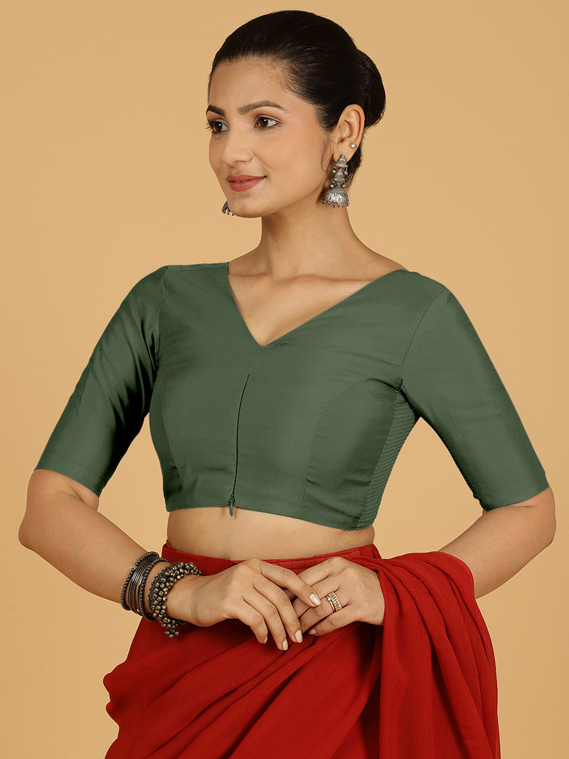 Shabana x Rozaana | Elbow Sleeves Saree Blouse in Pine Green-Binks