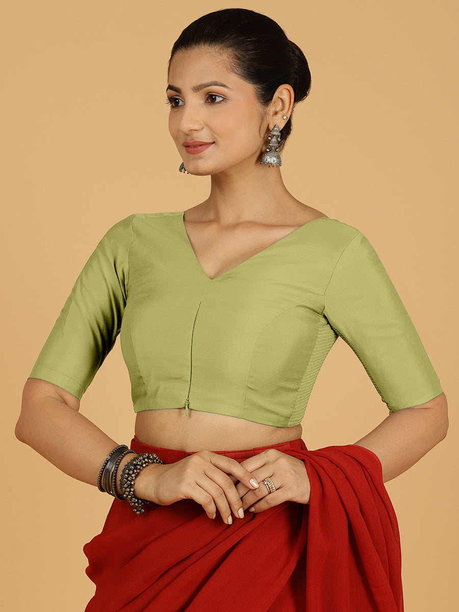 Shabana x Rozaana Saree Blouse, in Green Viscose, featuring elbow sleeves and curved v-neckline, made for daily & work (view 7).