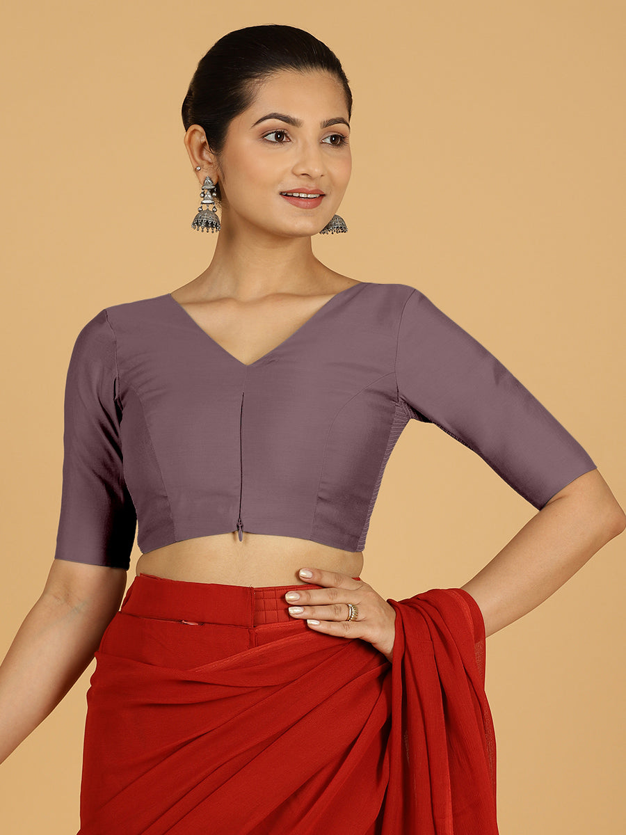 Shabana x Rozaana Saree Blouse, in Purple Viscose, featuring elbow sleeves and curved v-neckline, made for daily & work.