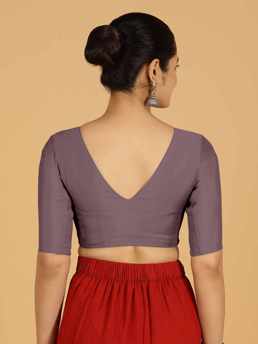 Shabana x Rozaana Saree Blouse, in Purple Viscose, featuring elbow sleeves and curved v-neckline, made for daily & work.