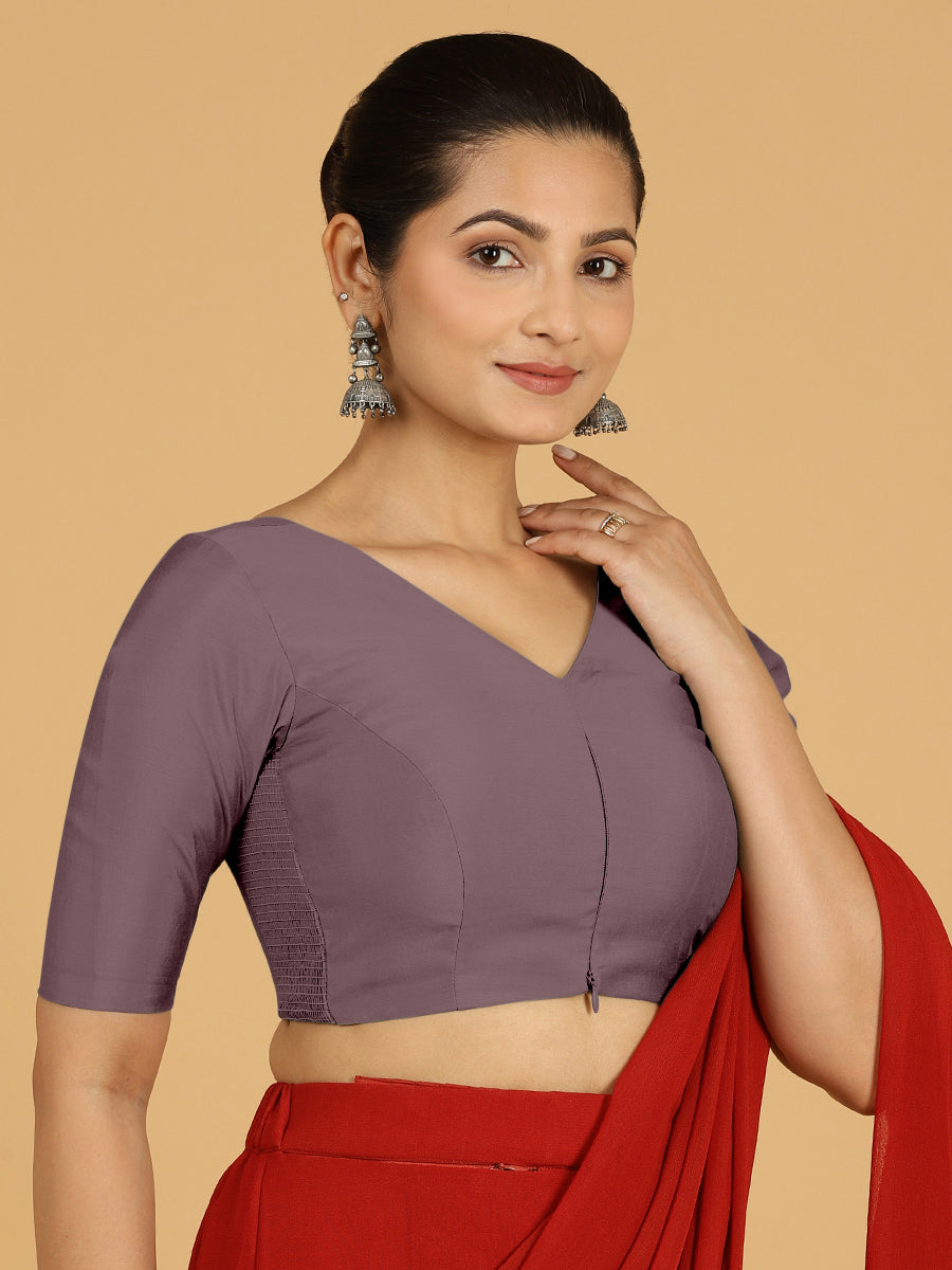 Shabana x Rozaana Saree Blouse, in Purple Viscose, featuring elbow sleeves and curved v-neckline, made for daily & work.