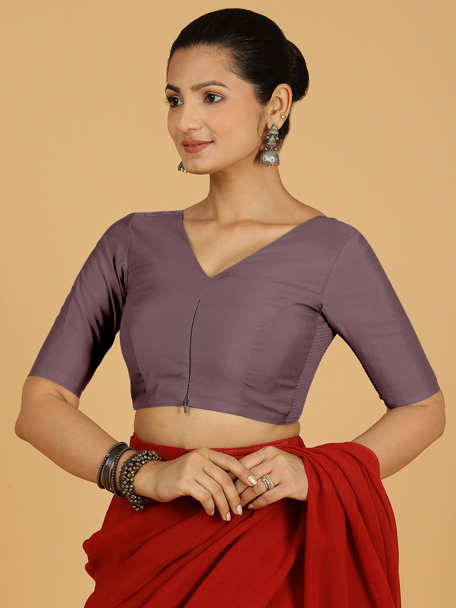 Shabana x Rozaana Saree Blouse, in Purple Viscose, featuring elbow sleeves and curved v-neckline, made for daily & work.