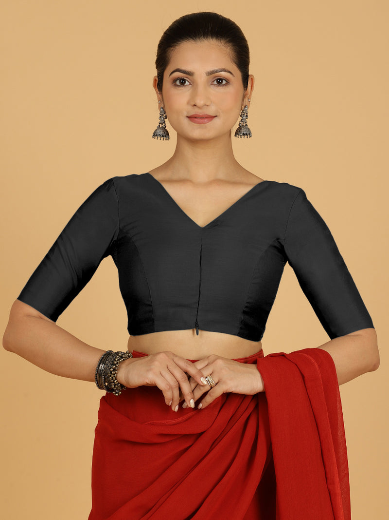 Shabana x Rozaana | Elbow Sleeves Saree Blouse in Raven Black-Binks