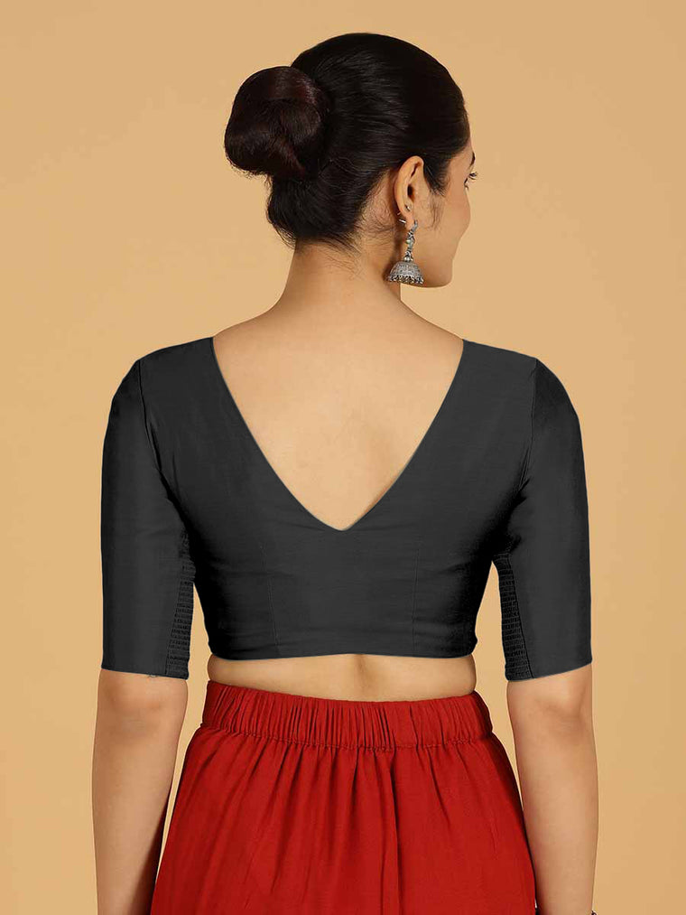 Shabana x Rozaana Saree Blouse, in Black Viscose, featuring elbow sleeves and curved v-neckline, made for daily & work (view 2).