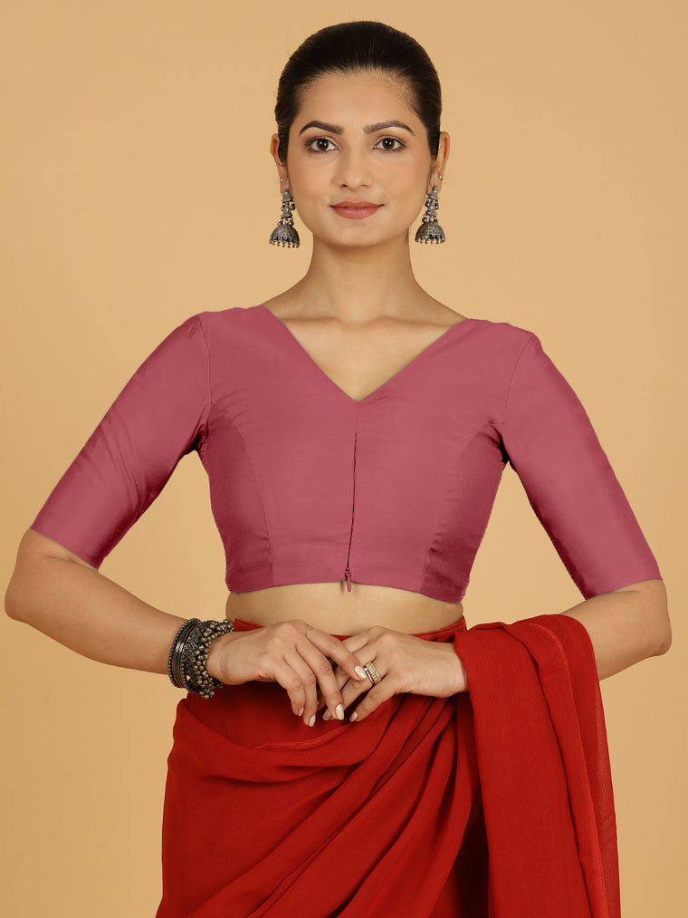 Shabana x Rozaana Saree Blouse, in Pink Viscose, featuring elbow sleeves and curved v-neckline, made for daily & work.