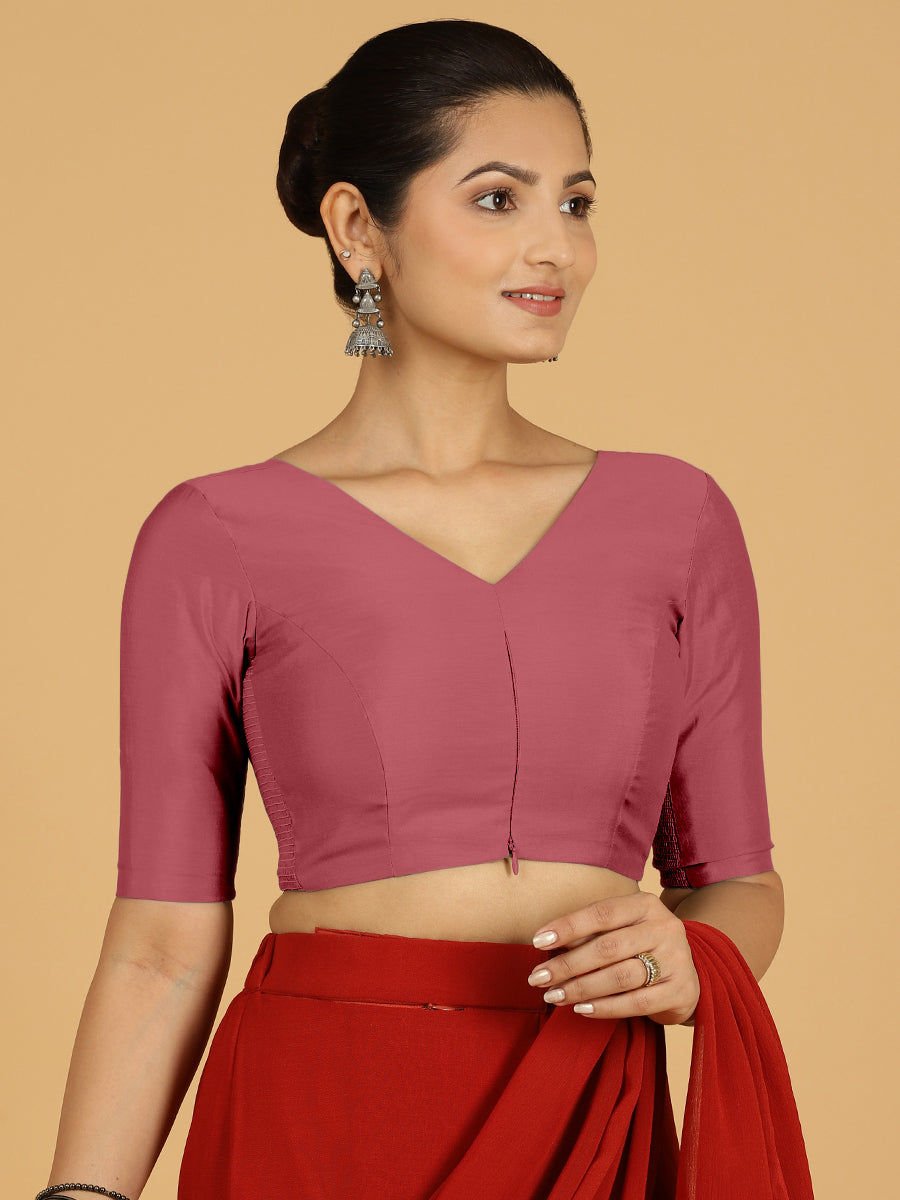 Shabana x Rozaana Saree Blouse, in Pink Viscose, featuring elbow sleeves and curved v-neckline, made for daily & work (view 6).