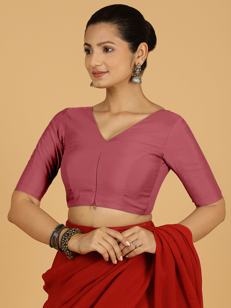 Shabana x Rozaana Saree Blouse, in Pink Viscose, featuring elbow sleeves and curved v-neckline, made for daily & work (view 7).