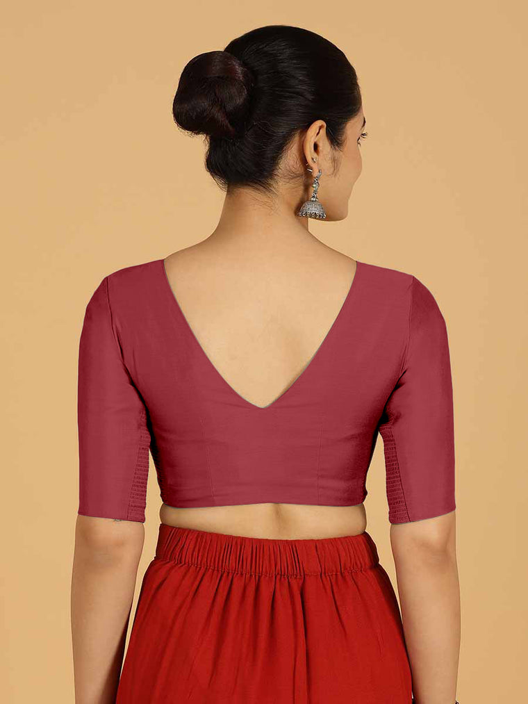 Shabana x Rozaana Saree Blouse, in Red Viscose, featuring elbow sleeves and curved v-neckline, made for daily & work (view 2).