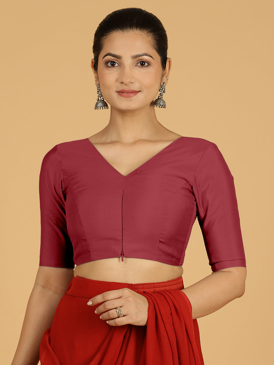 Shabana x Rozaana Saree Blouse, in Red Viscose, featuring elbow sleeves and curved v-neckline, made for daily & work (view 4).