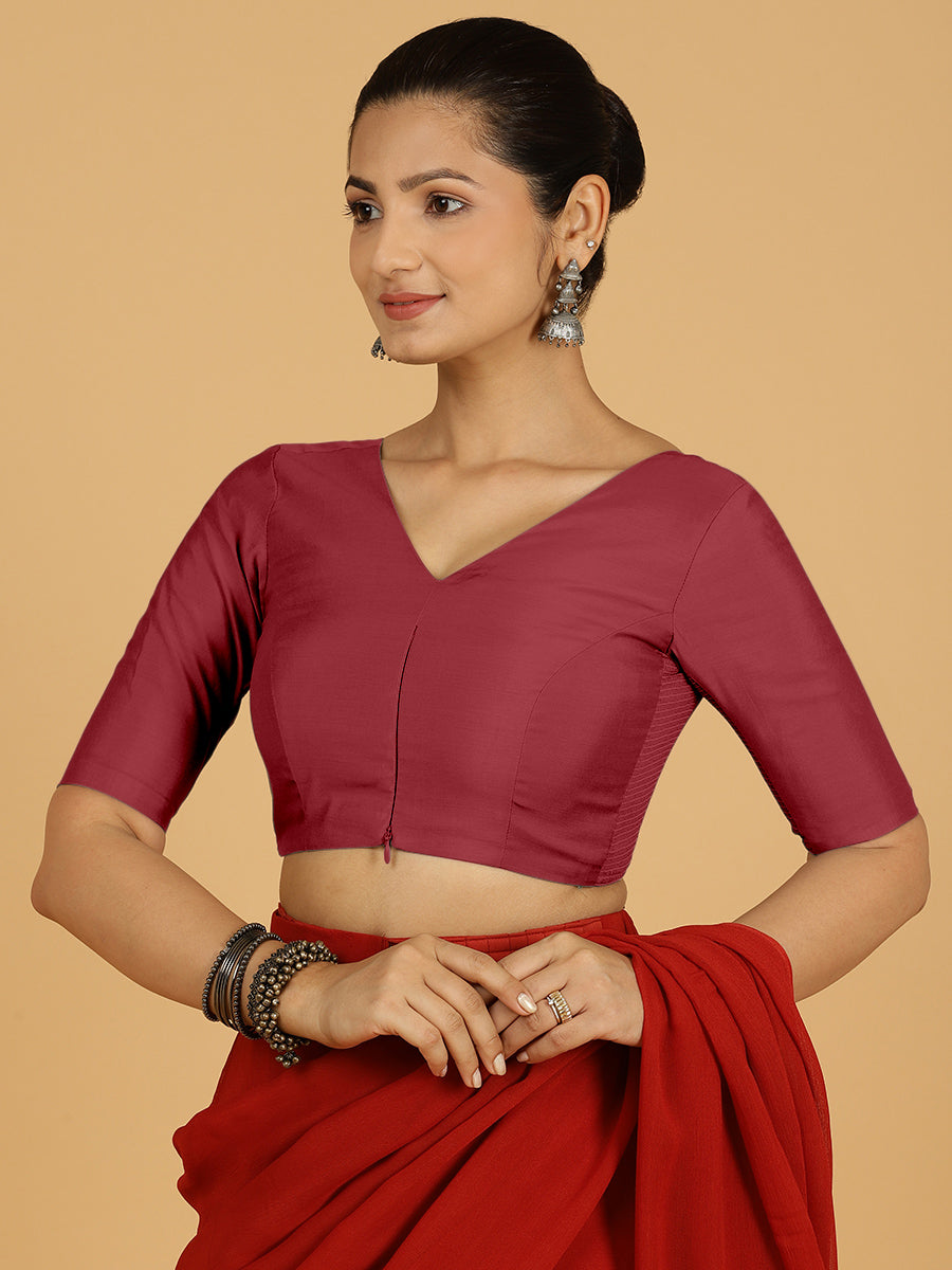 Shabana x Rozaana Saree Blouse, in Red Viscose, featuring elbow sleeves and curved v-neckline, made for daily & work (view 7).