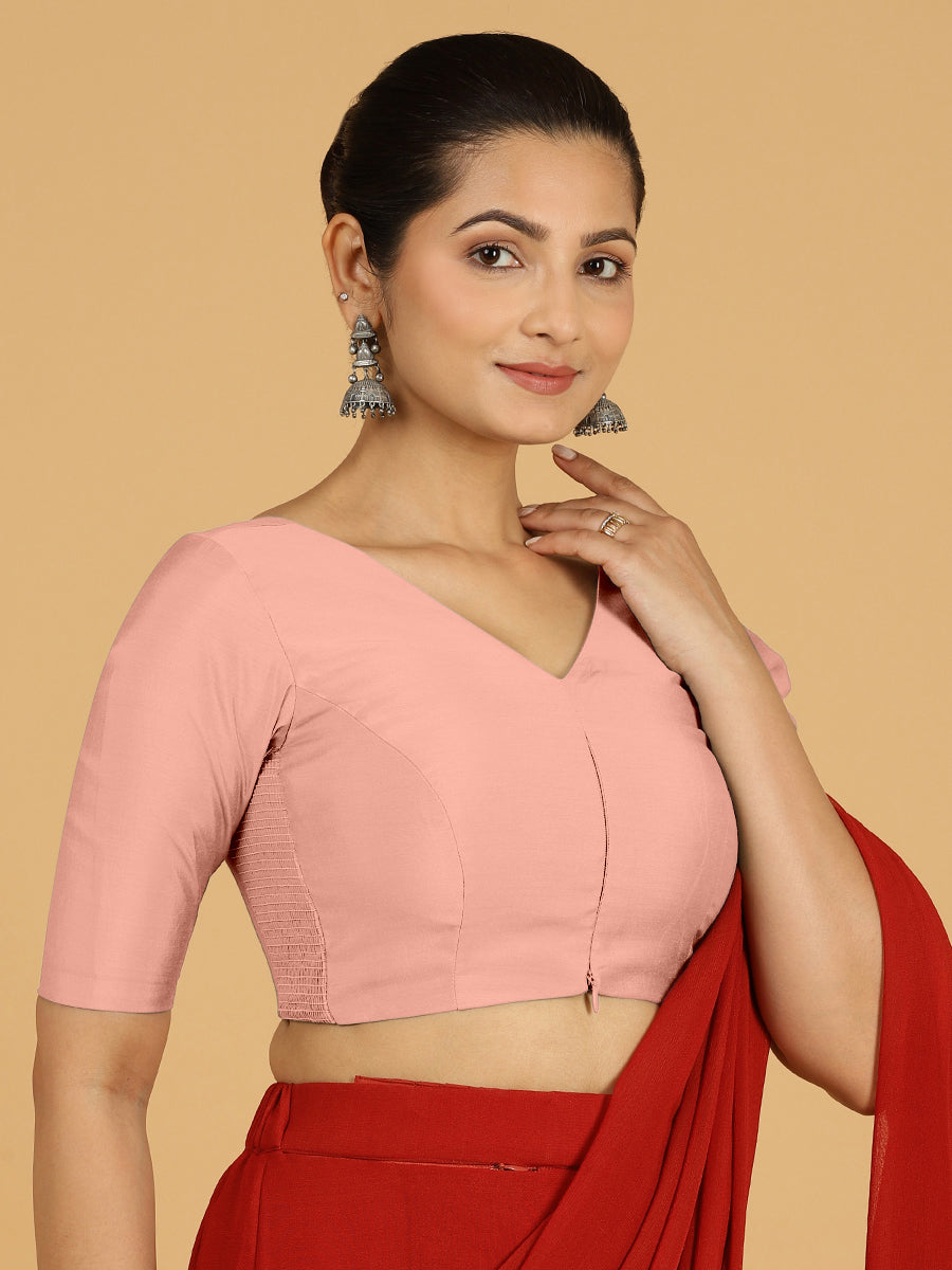 Shabana x Rozaana Saree Blouse, in Pink Viscose, featuring elbow sleeves and curved v-neckline, made for daily & work (view 5).