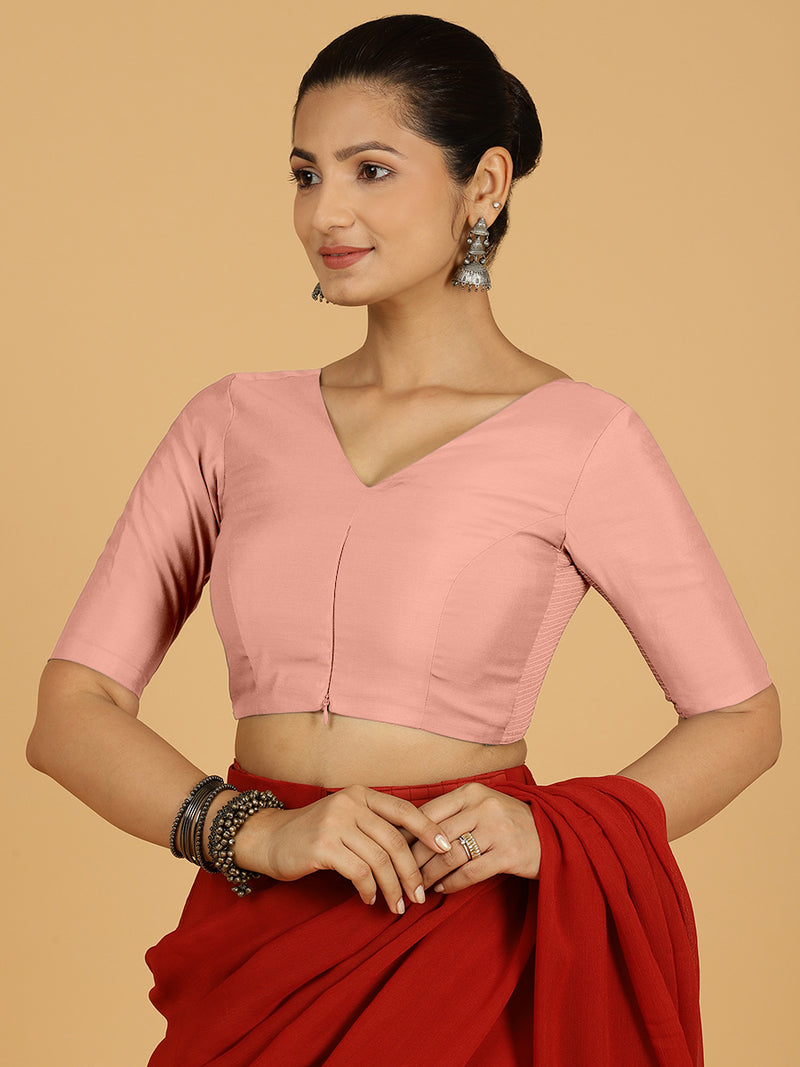 Shabana x Rozaana | Elbow Sleeves Saree Blouse in Sea Pink-Binks